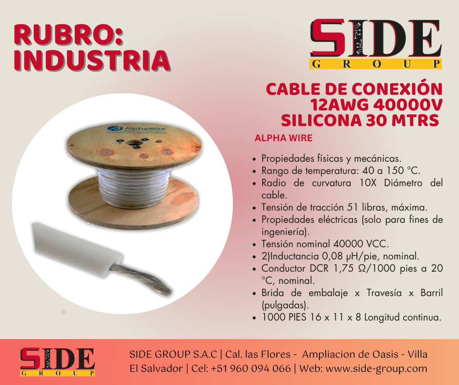Cable 12 AWG, 40000V , cubrimiento de silicona